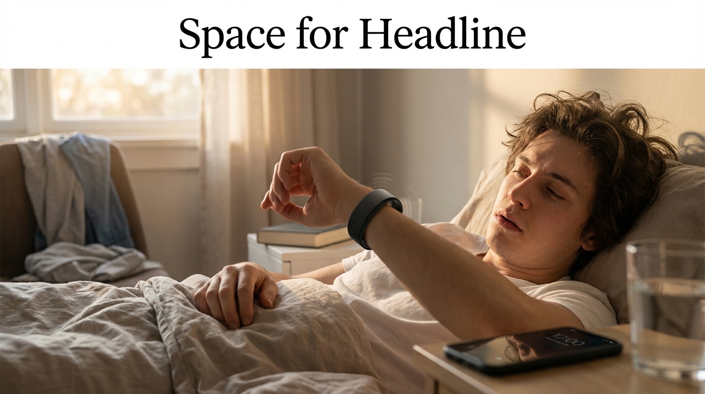 Young adult with ADHD waking to a wearable alarm clock in a calm early-morning bedroom